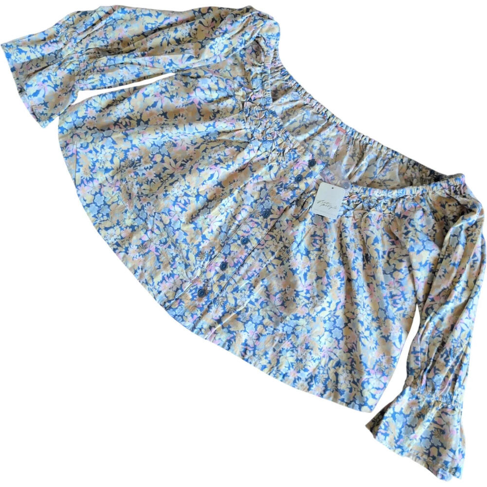 NWT Free People Shirt Womens Small Light Blue Floral Off Shoulder Crop Peasant
